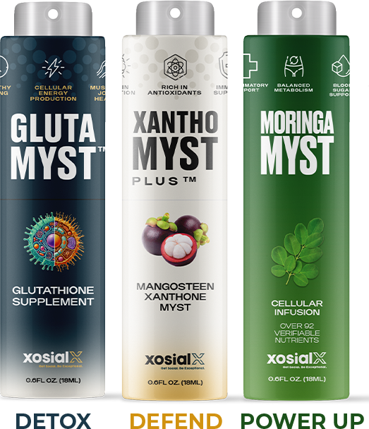 The 4-Second Solution trio — GlutaMyst (Detox), XanthoMyst Plus (Defend), MoringaMyst (Power Up)